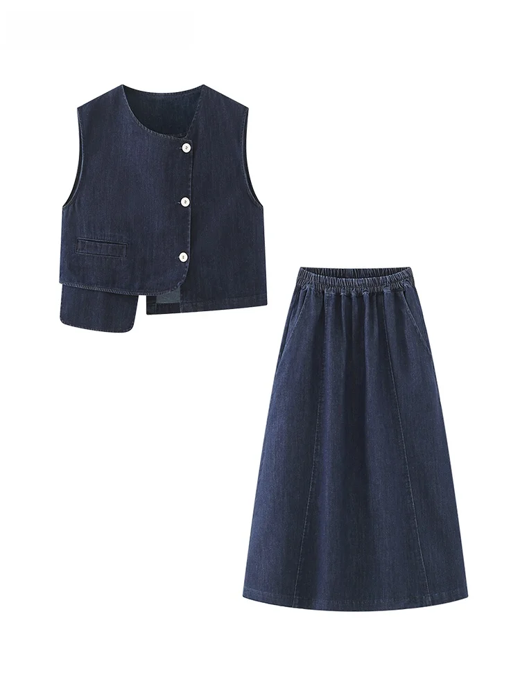 La Chapelle-Conjunto de chaleco vaquero Svel de diseño Vintage y falda elástica para mujer, traje de verano Faion, falda larga