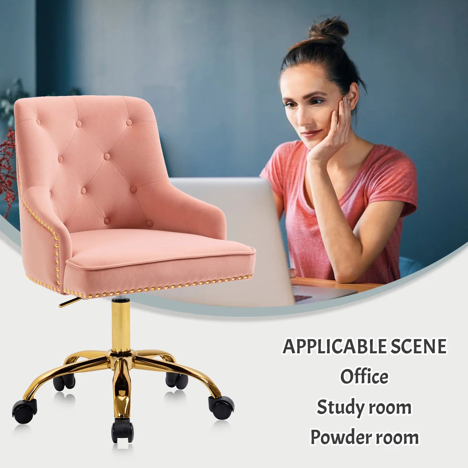 Modern Mid-Back Tufted Office Adjustable Height Computer Chair Velvet Soft Vanity Chair with Rivet and Arm Support Furniture