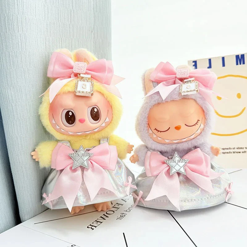 15-17cm Labubu Fashion Cute Reflective Strip Dress Doll Clothing Set z akcesoriami do włosów