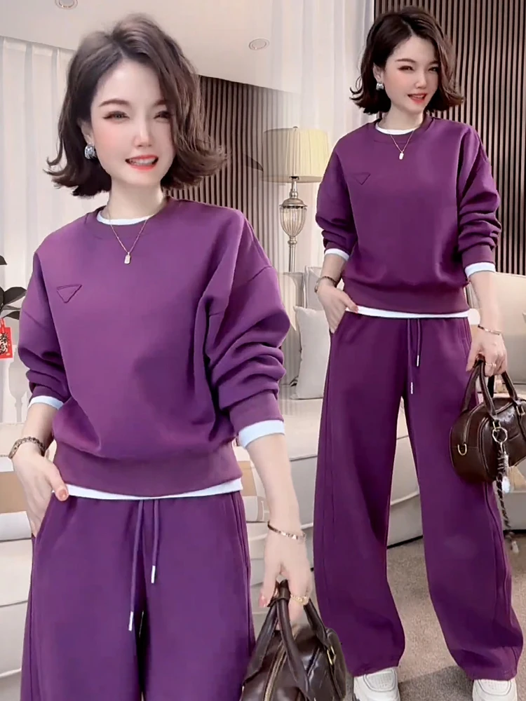 Fashion casual sportswear two piece set women's autumn 2025 new round neck pullover high waist drawstring wide leg pants