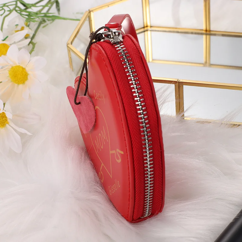 Customized Name Heart Zipper High Quality PU Leather Heart Coin Purse Personalize Small Women Wallet Best Gift for Mother's Day