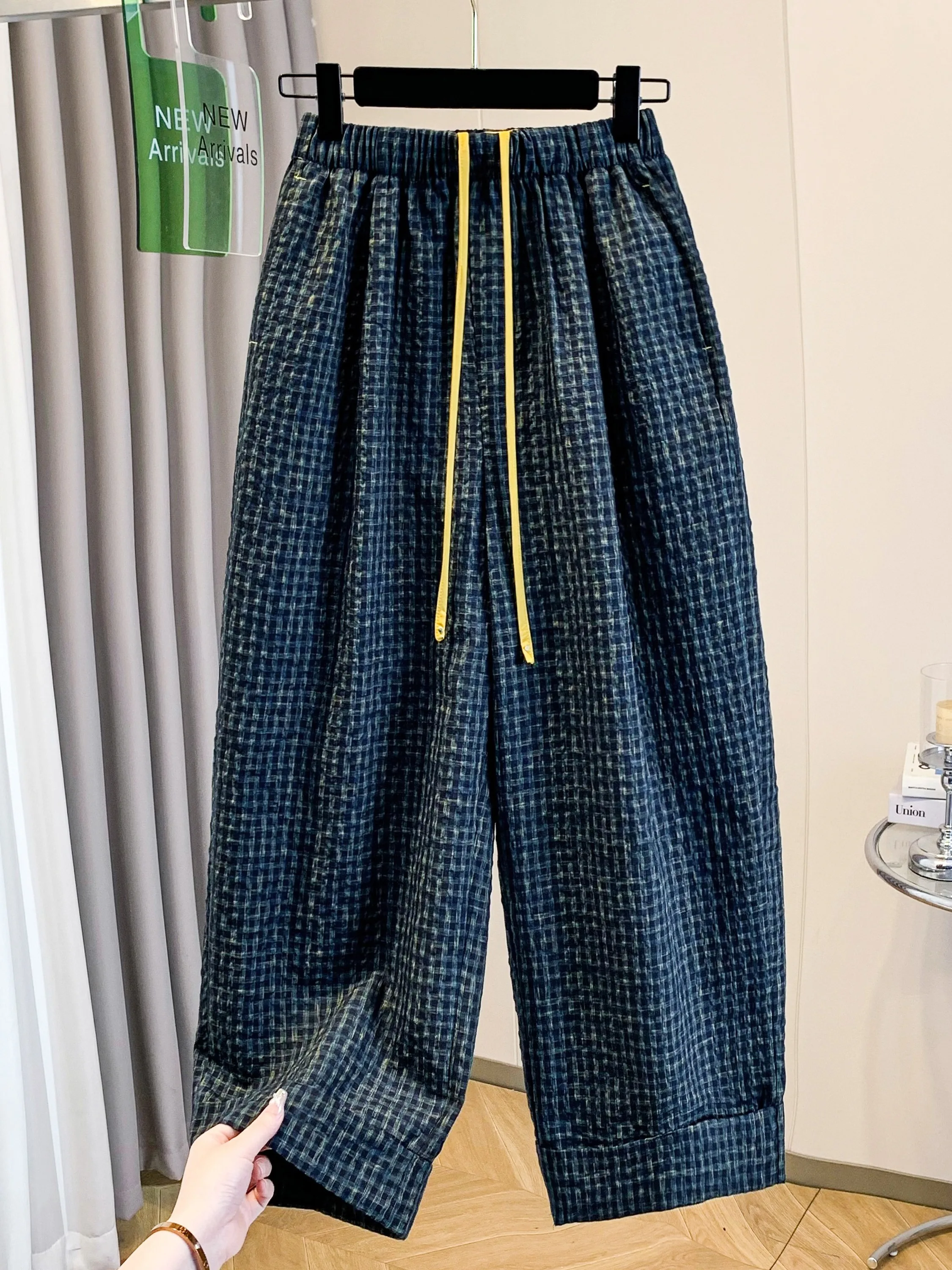 Retro Japanese Style Bubble Cotton Plaid Wide Leg Pants Women Summer Loose Elastic Waist Conceal Meat Slimming Cuffed Casual ...