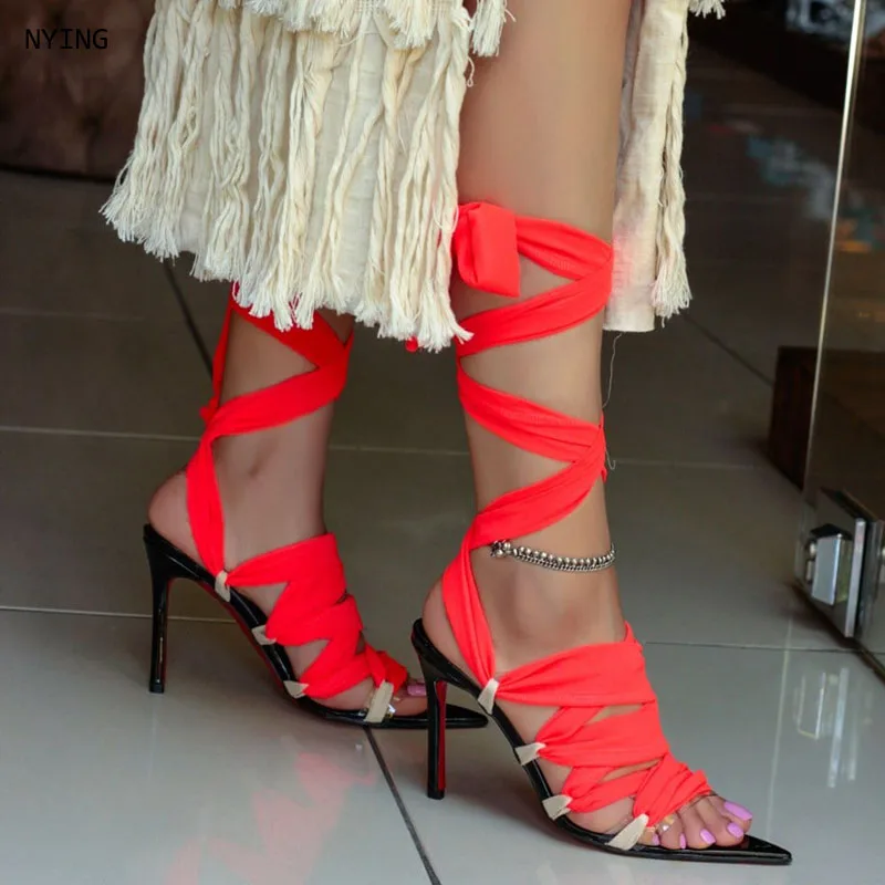 

2025 red Sexy Open Toes Gladiator Shoes Womens Sandals High Heel Pumps Ladies Band Party Wedding Sandal 44