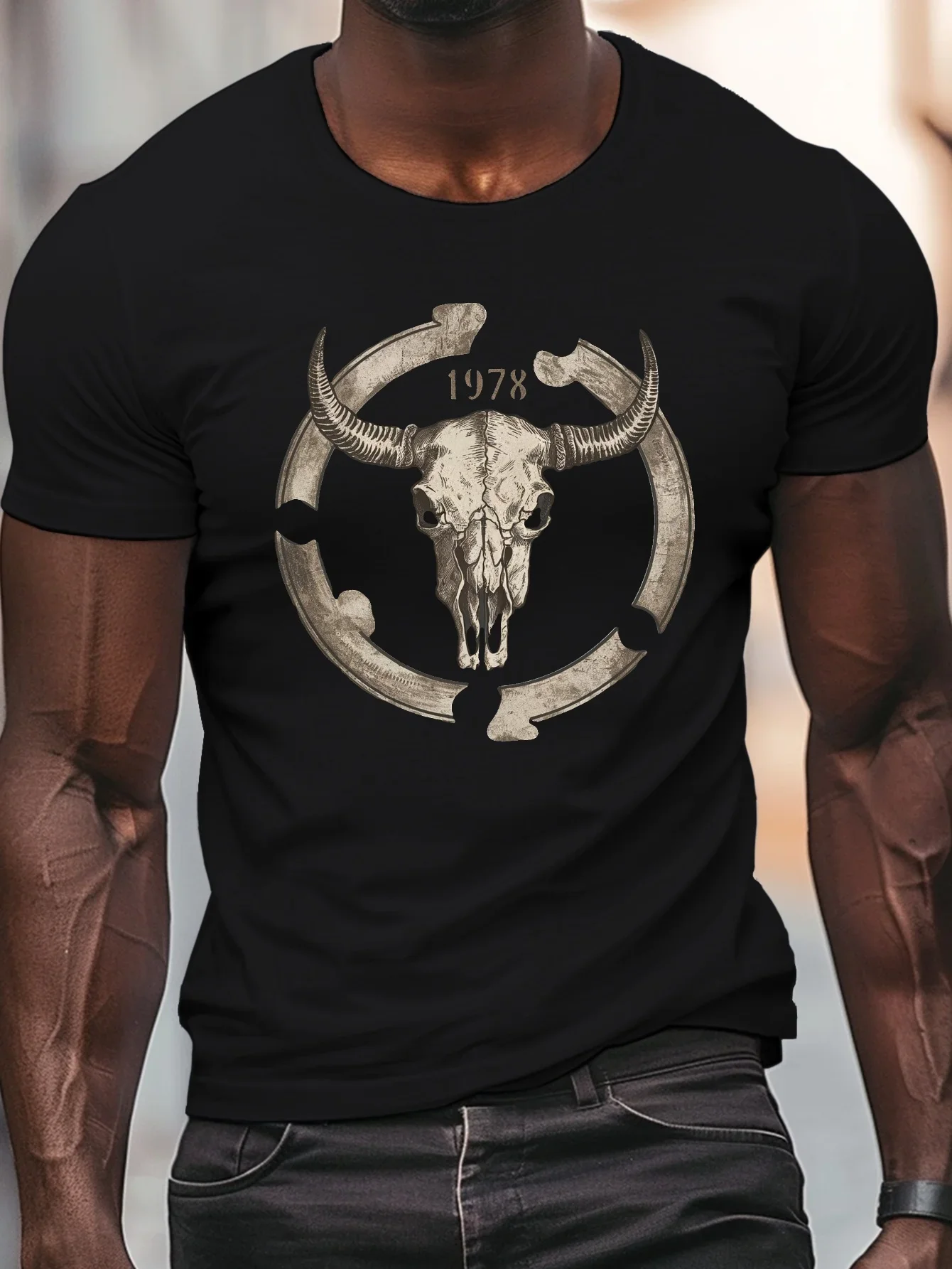 T-shirt à manches courtes pour homme, été, 100% coton, motif de tête de vache rétro imprimé, mode décontractée, sport, col rond,