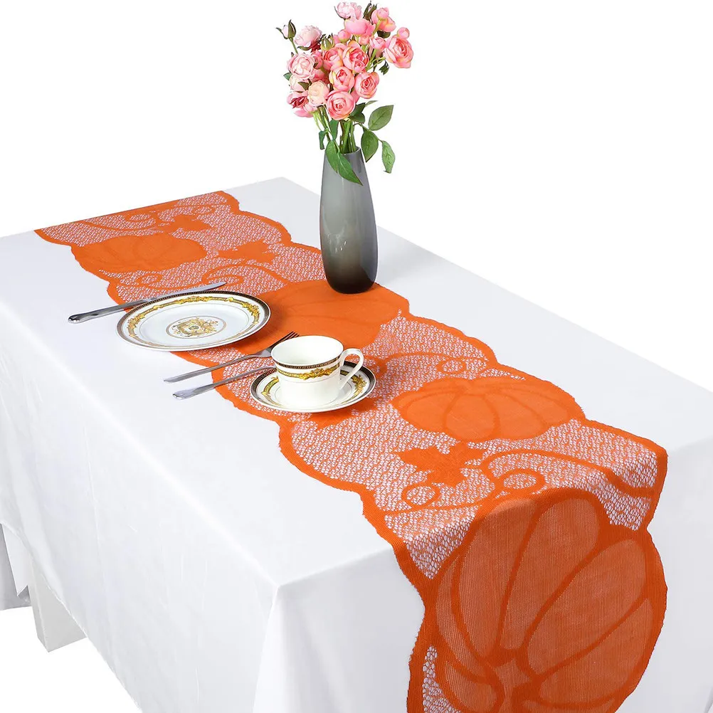 1Set Pumpkin Lace Table Runner Thanksgiving Tablecloth Hollowed Maple Leaf Design Orange Party Decorations Reusable Home Hotel