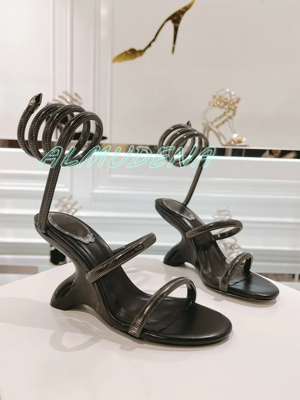 Metal Snake Bone Wrap Slippers Strange High Heels Round Open Toe Ankle Strap Summer Girl Shoes Solid 2025 New Luxury Shoes