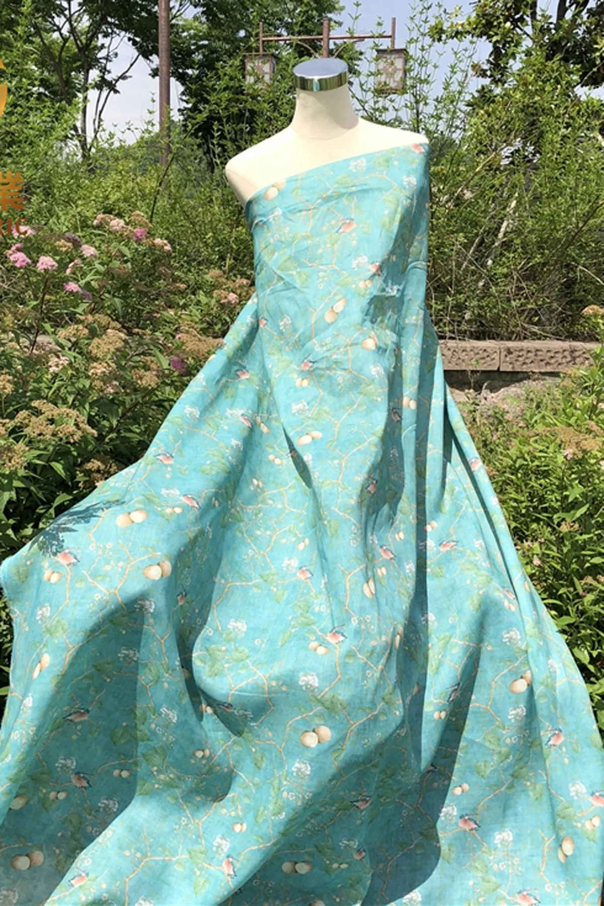 1yard High Quality Mint Bird fabric for patchwork Natural Pure Ramie tissu Summer thin Style Dress Gown clothes fabric