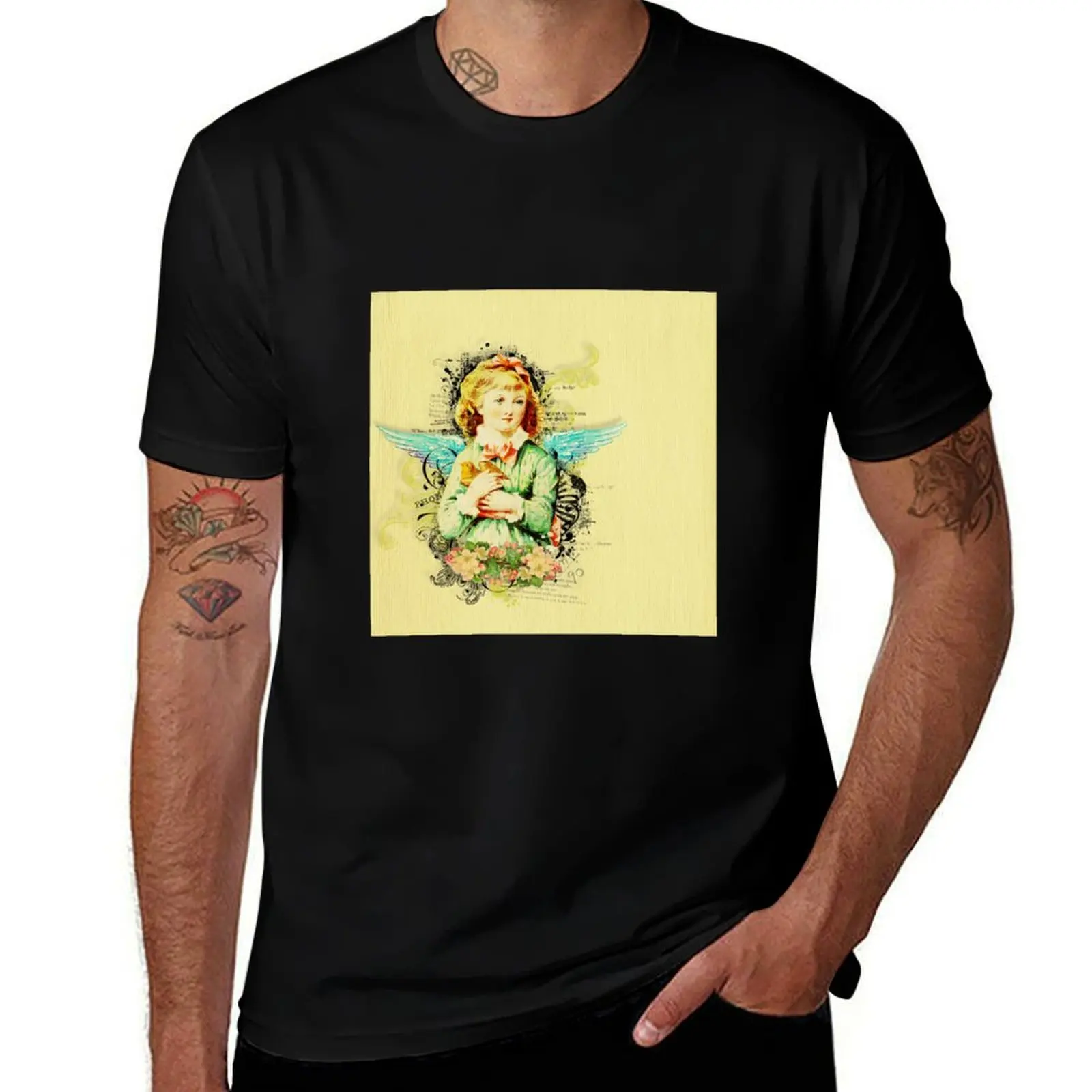 Rustic,vintage,reproduction,collage,angel girl,floral,shabby chic T-Shirt Work Style Casual T-Shirt