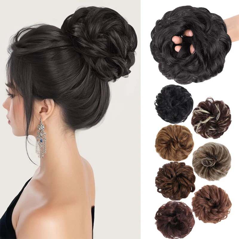 Synthetic Hair Bun Extensions Black Messy Curly Elastic Hair Scrunchies Hairpieces Chignon Donut Updo Hair Pieces for Women