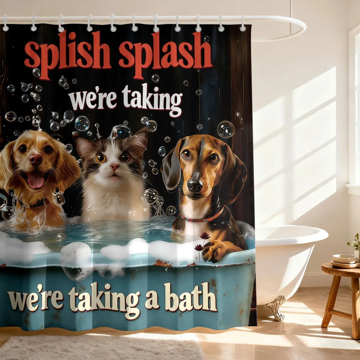 Funny Bath Time Pets Cats And Dogs In Retro Bathtub With Bubbles Splish Splash Text Design Bath curtain, Cozy Soft Warm Throw
