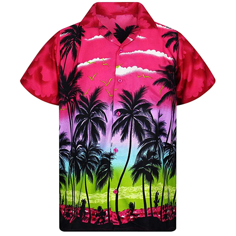 Camisa de praia havaiana com estampa palmeira masculina, blusa casual de manga curta, de peito único, 3D, verão