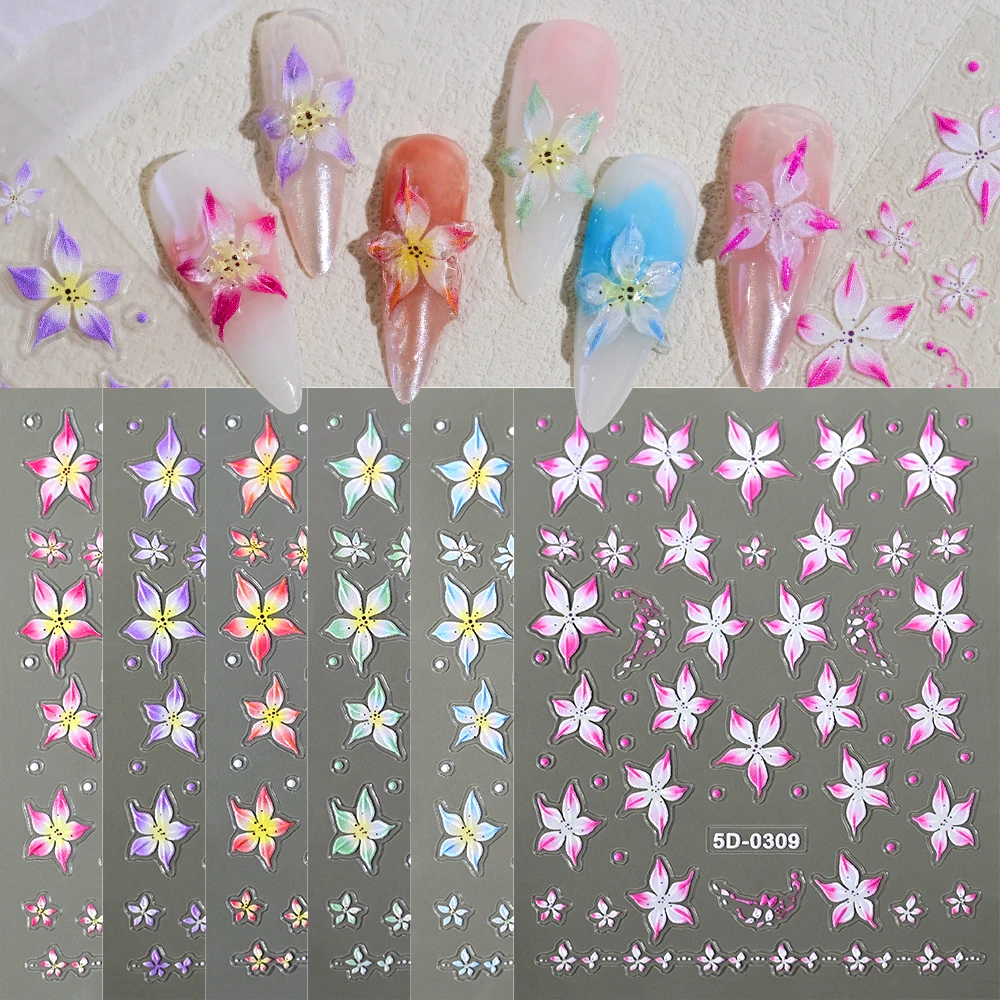 1Pcs 5D Summer Vacation Island Style Lily Flower Nail Stickers Gradient Five Petal Flowers Nails Decals Florals Manicure Slider