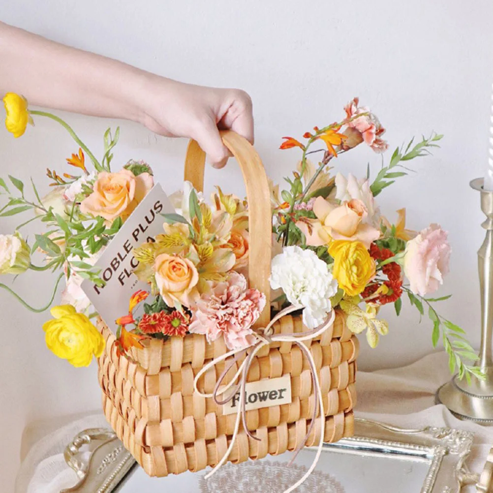 

Wooden Flower Basket Handheld Packaging Basket For Festival Wedding Decor Multipurpose Storage Container Gift Wrapping Organizer