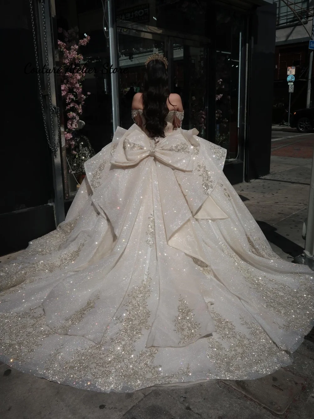 Champagne Sequined Applique 15 Year Old Quincenara Dress With Bow Puff Off Shoulder Graduation Party Ball Gown Customized