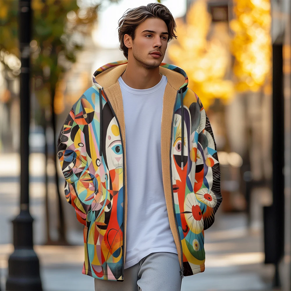 Man winter clothing, New in Down Coats, Abstract face style graffiti cotton-padded jacket clothing, feather print pocket zipper