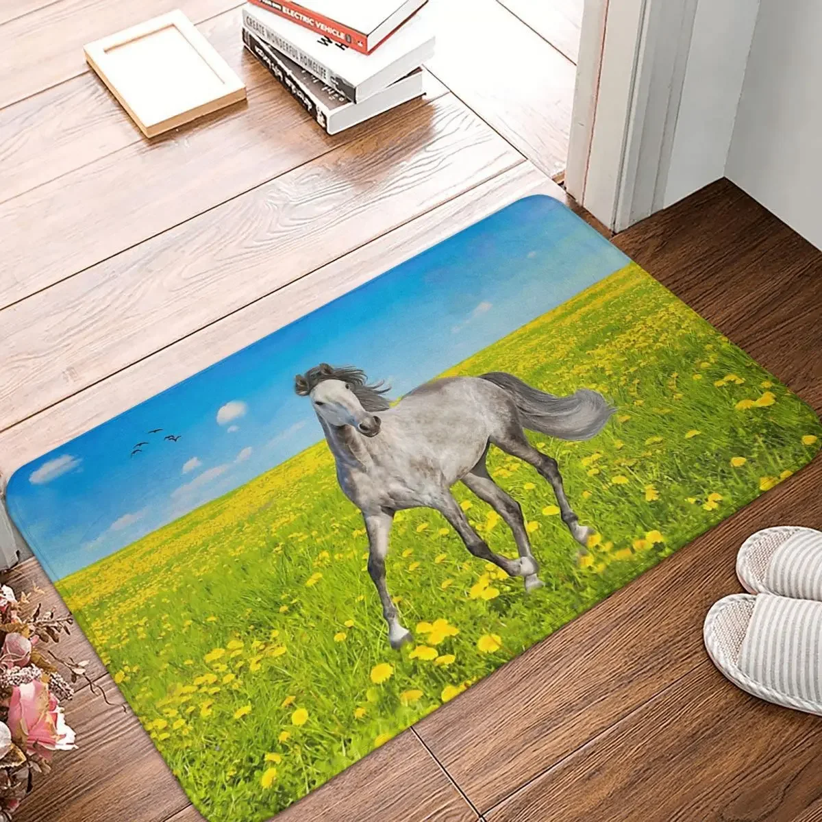 Galloping Horse Running Non-slip Rug Doormat Bath Mat Dapple Gray Spring Field Floor Carpet Bedroom Decor