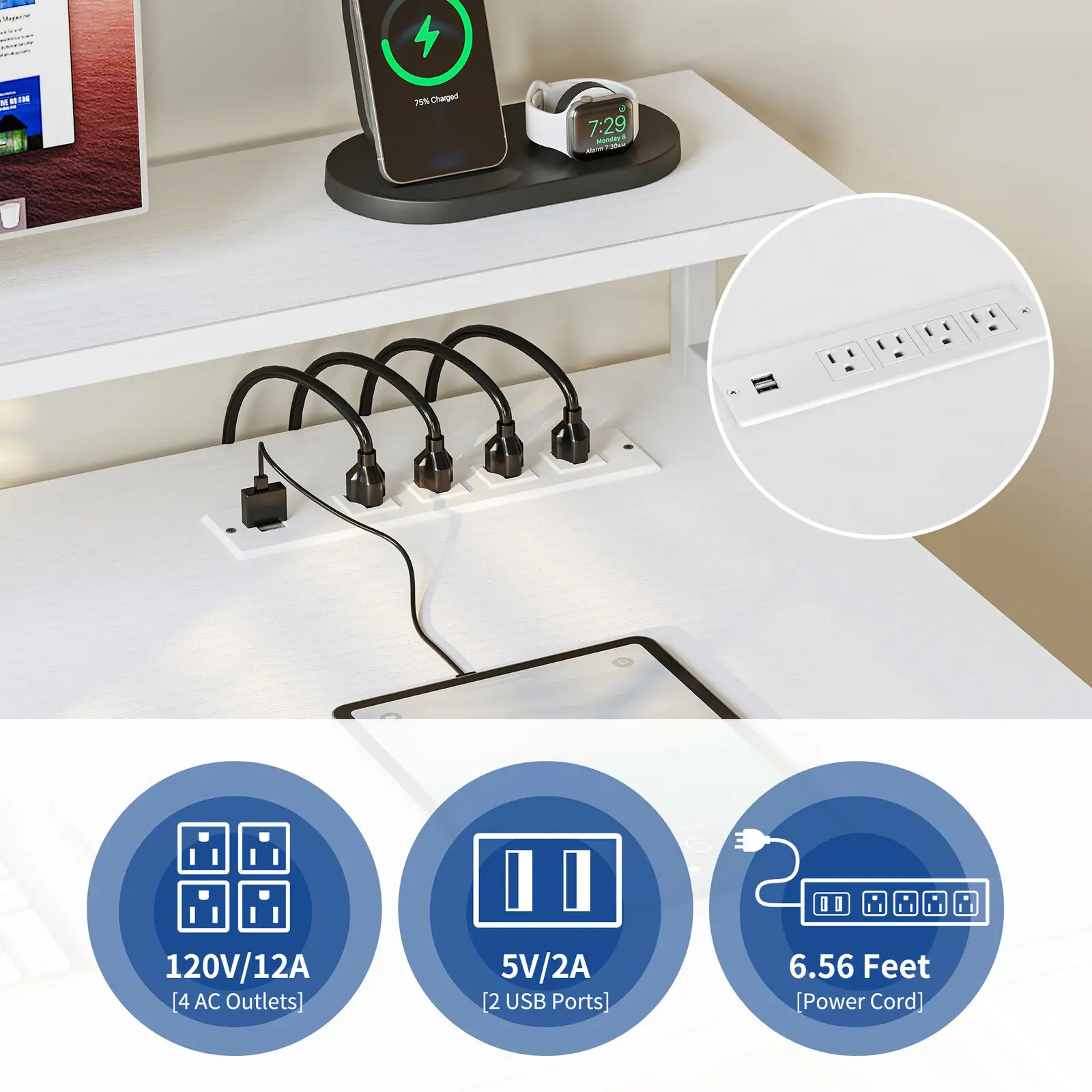 55" Computer Desk with Power Outlets & LED Lights Home Office Desk Writing Table
