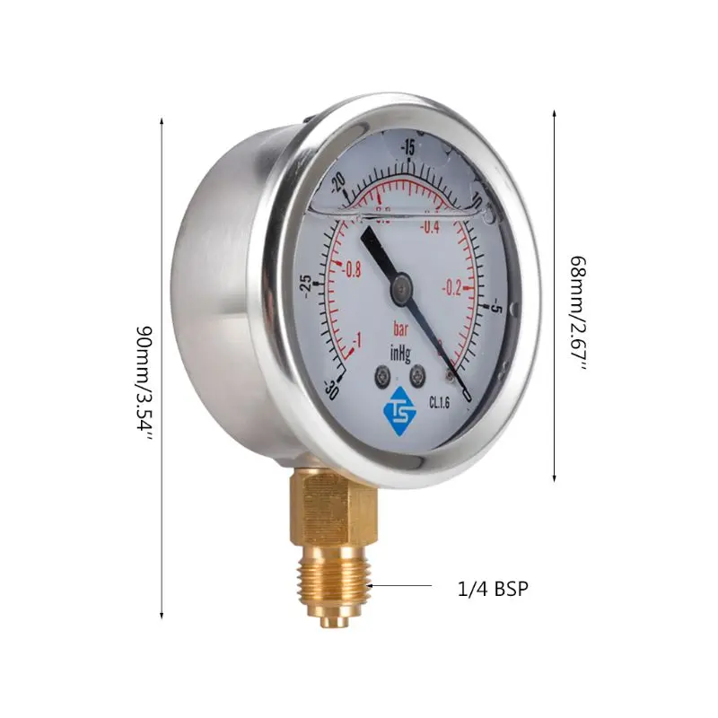 6 Types 1/4 BSPT Bottom Compound Pressure Vacuum Gauge Glycerine Filled 68mm -1/+10 Bar & -30-150inhg/psi Metal for Shell Gauge