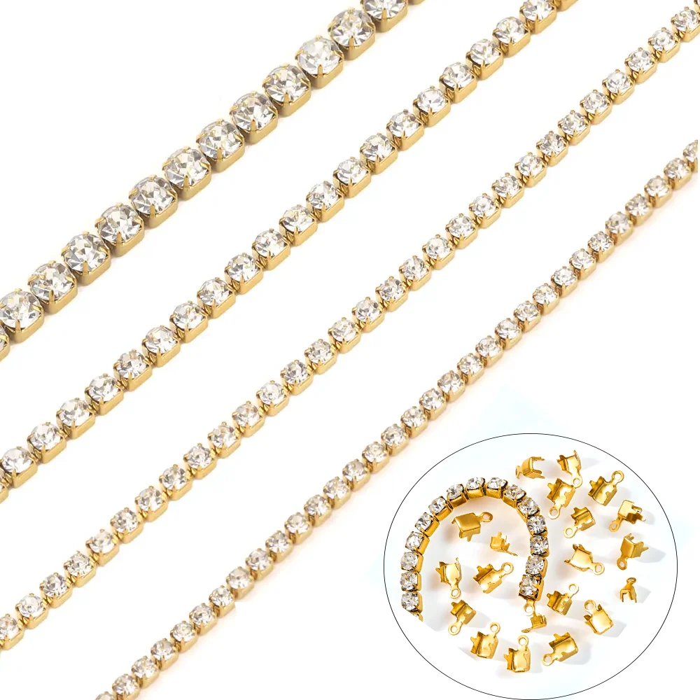 1m/lot Stainless Steel Crystal Rhinestone Chains Cup Apparel Sewing for Clothes DIY Jewelry Making PVD 18k gold Plated