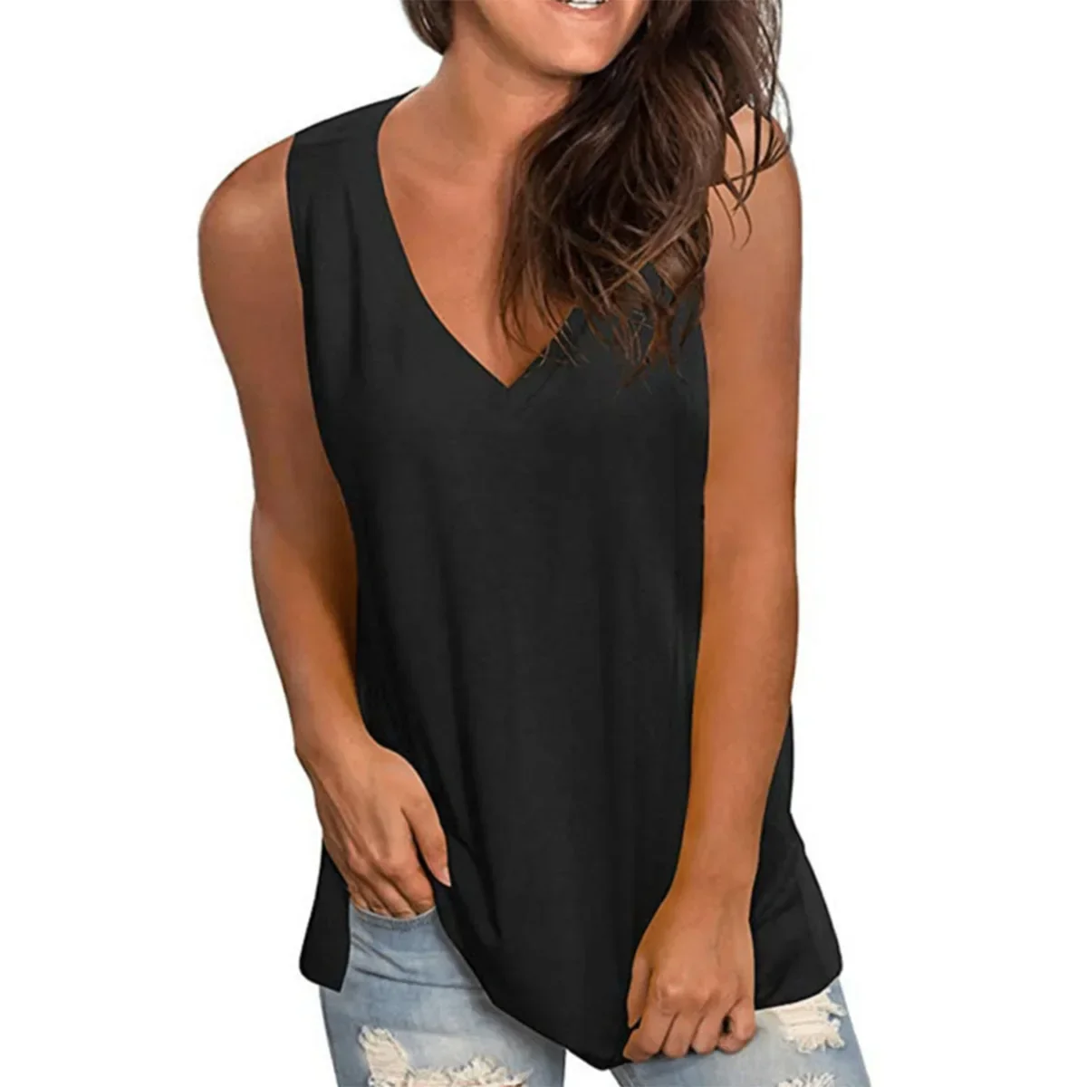 Plus Size Europese En Amerikaanse Effen Kleur Losse V-Hals Mouwloze T-Shirt Tops Voor Vrouwen In Grote Hoeveelheden In Voorraad