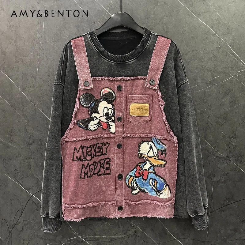 

Autumn Heavy Industry New Style Strap Fake Two-Piece Cartoon O-Neck Sweatshirt Women's Loose Casual Versatile Pullover Hoodies