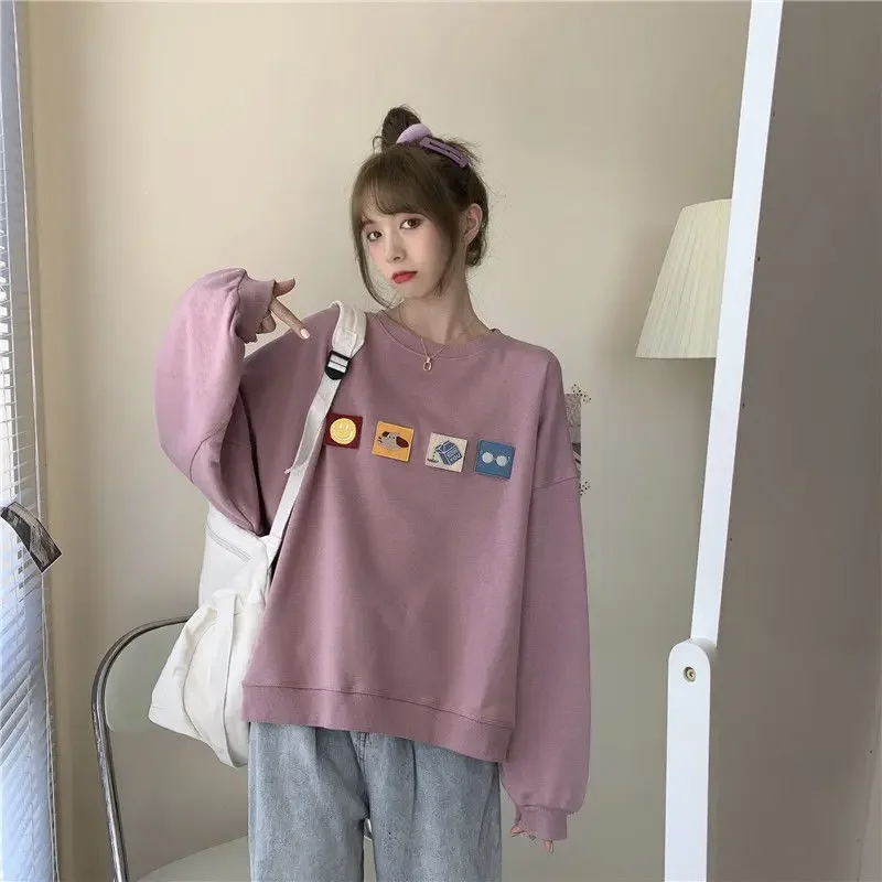 

Simple Women Tops Cartoon Printed Loose Casual Thin Sweatshirts Spring Autumn Bottom Clothing Chic O-Neck Pullovers Streetwear