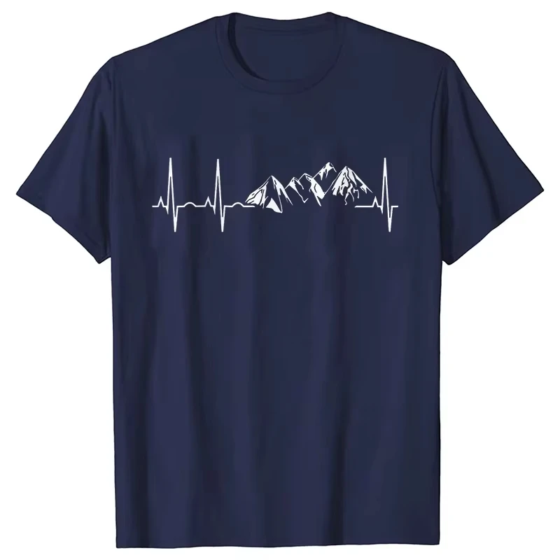 Men's T-shirt Novelty Mountain Heartbeat Pulse Line Tees Climbing Hiking Graphic Y2k Tops Casual Short Sleeve Oversized Clothing