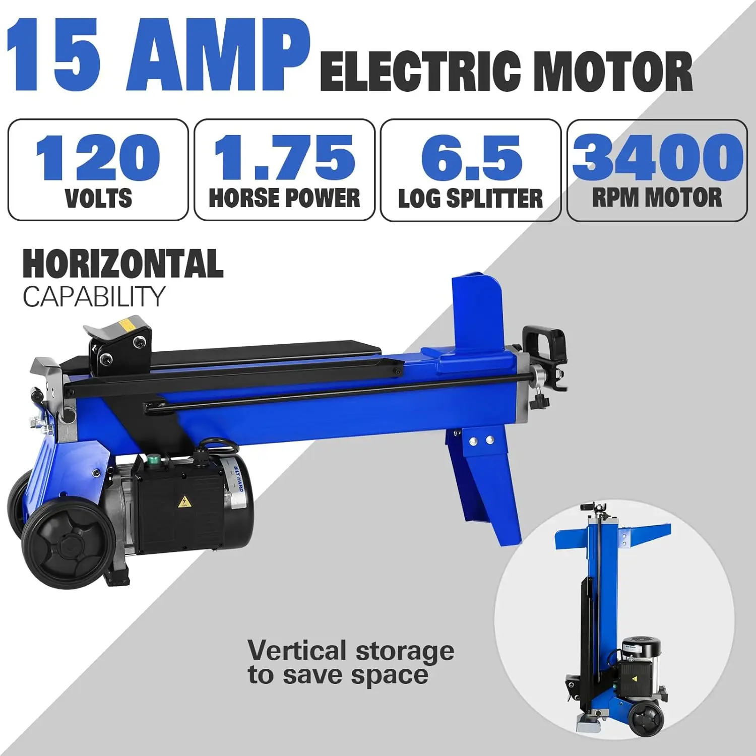 6.5 Ton Log Splitter Wood Splitter Electric Powered 15-Amp with Hydraulic Ram Electric Firewood Splitter