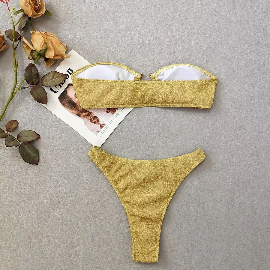 Sexy Gold-Glitzer-Bandeau-Bikini-Sets, zweiteilig, Metallring, Tanga, Badeanzug, Badeanzug, Bademode, Biquini, Bakini, Tankini