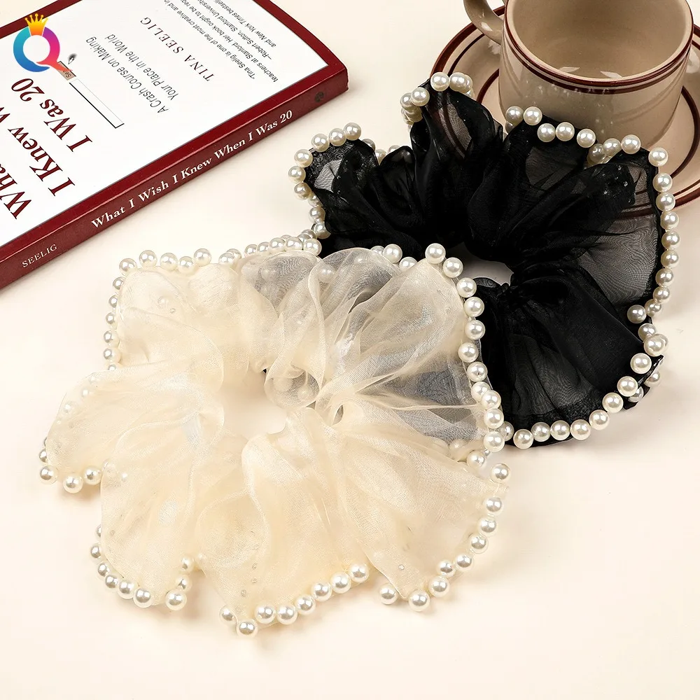 Fashion Pearl Flower Hair Tie White Sweet Rhinestone Hair Ring Black Elegant Mesh Hair Scrunchie Women Ponytail Hair Accessories