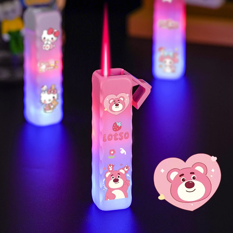 

Cute Cartoon Pattern Flashing Light Pink Flame Long Stripe Jet Cigar Lighter Windproof Strong Fire Power Fuel lighter Men Gift