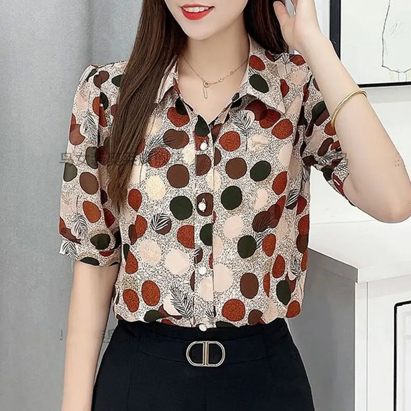 Office Lady Korean Polka Dot Shirt Women\'s Clothing Casual Single-breasted Summer New Turn-down Collar Loose Short Sleeve Blouse