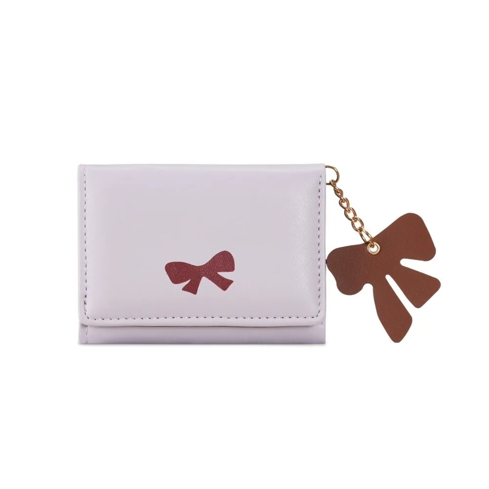 New Bow Card Holder Wallet with Bowknot Pendent Solid Color Three Fold Purse PU Leather Waterproof Coin Purse for Women