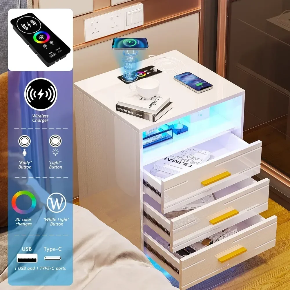 RGB LED Nightstand with Wireless Charging Station, Smart Night Stand with Motion Sensor Lights, High Gloss White Nightstan