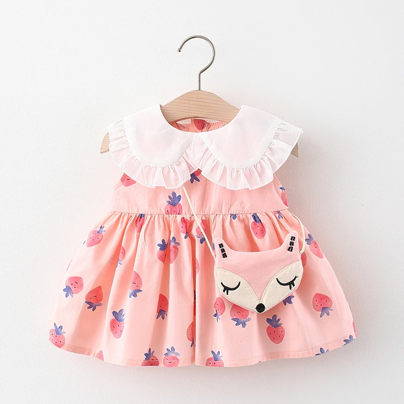 (0-3 Years Old)Baby Clothes For Girls Summer New Cotton Strawberry Print Lace Neck Dress For Kids Girls Princess Dress For Kids