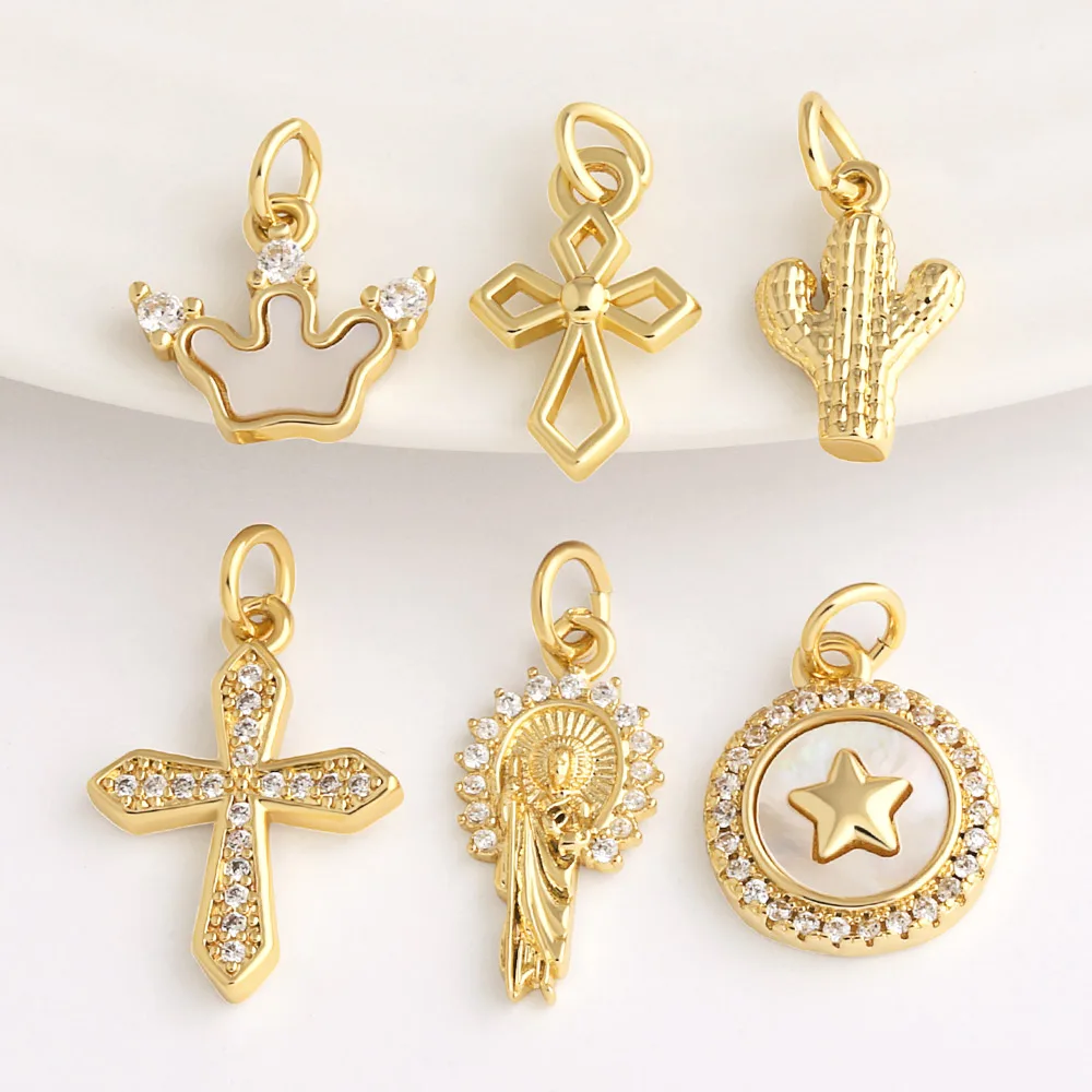 OCESRIO White Crystal Cross Charm for Bracelet Copper Gold Plated Shell Star Round Virgin Mary Jewelry Making Component chma552
