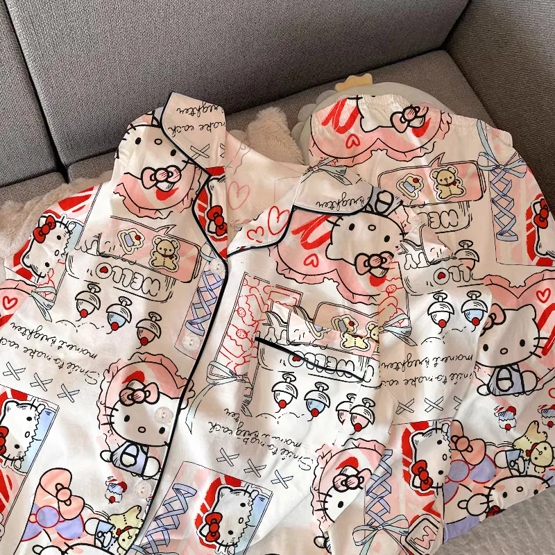 Cute Hello Kitty Anime Ladies Pajamas Cartoon KT Cat Printing Long-sleeved Cardigan Two-piece Loose Leisure Can Go Out Homewear