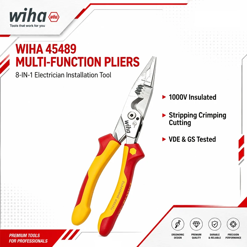 Wiha 45489 VDE Wielofunkcyjne Szczypce Montażowe 8-w-1 225MM – Odklejanie izolacji, Usuwanie zadziorów