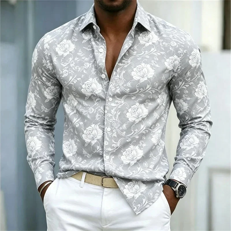 2026 new 3D men's shirt European and American style red rose floral shirt men's slim fit long sleeved vacation casual style