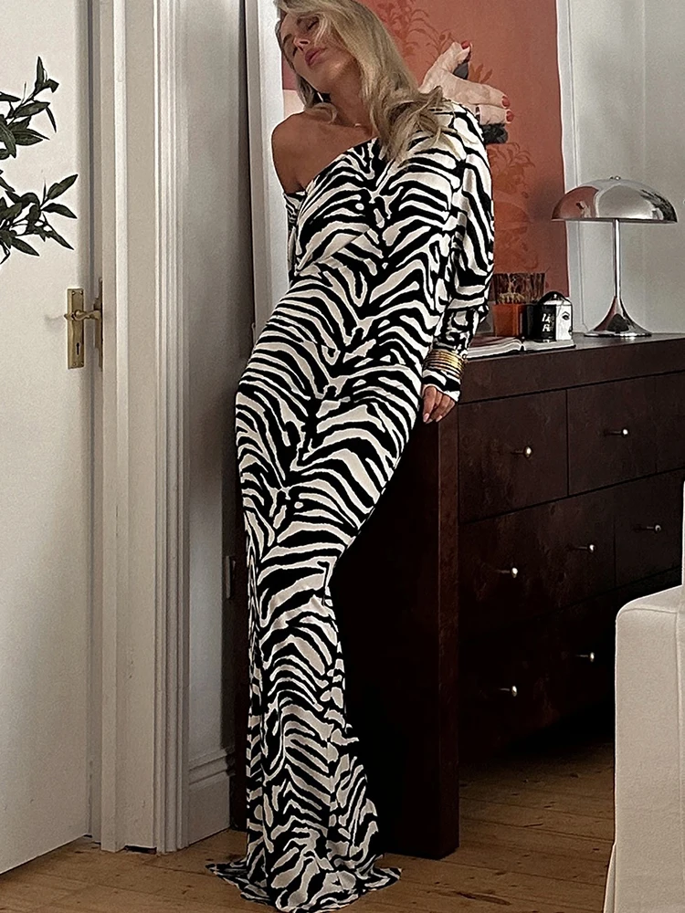 Whatiwear Sexy Backless Long Dress Woman Zebra Stripe o-Neck Full Sleeve High Waist Robe Midnight Prom Party Elegant Vestidos