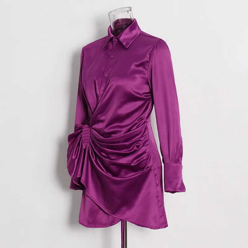 HKSH خريف جديد إمرأة فستان قصير بدوره إلى أسفل طوق كم طويل الخصر Cinching مطوي غير المتكافئة أنيقة فساتين عصرية HK9954