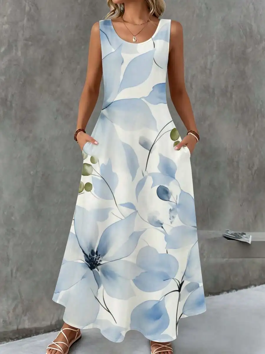 

Sleeveless Maxi Dress White Blue Floral Print Summer Beach Vacation Wear