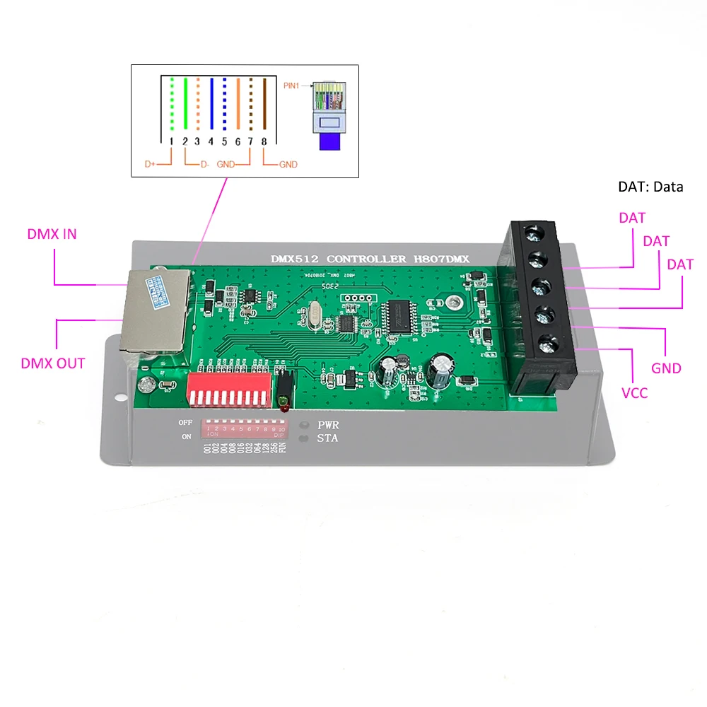 Placa base H807DMX, 1024 píxeles, DMX512 a SPI, Controlador LED RGB, 14 canales, controlador DMX para luz WS2812 WS2813