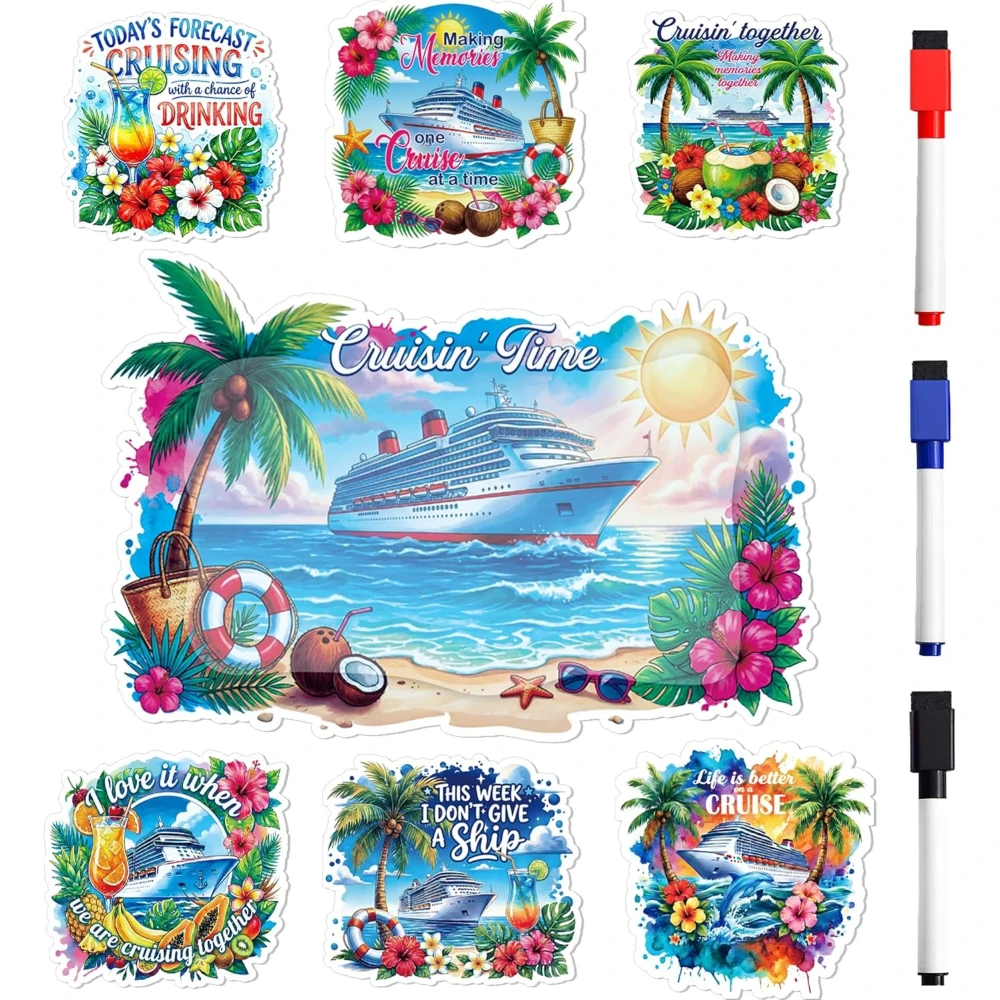 7Pcs Tropical Cruise Door Magnets Set, Funny Quote Cabin Magnetic Signs, Reusable Fridge Car Decor with 3 Erasable Colored Pens