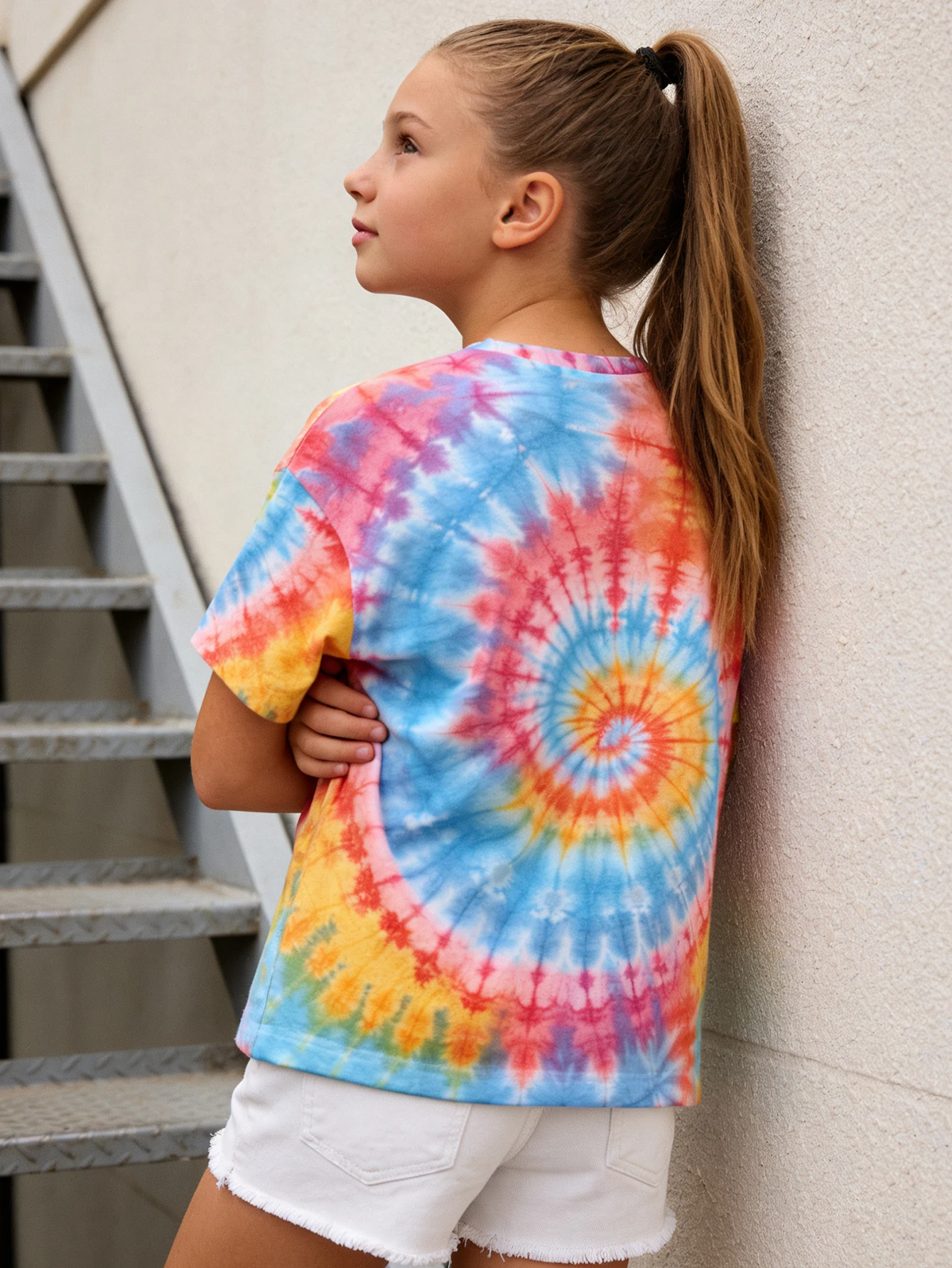 2026 girls red blue yellow gradual change rainbow spiral tie-dye short sleeve T-shirt