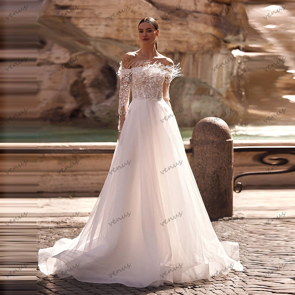 Exquisite Wedding Dresses Pretty Bridal Gowns Sequin Appliques Feather Decoration A-Line Robes For Celebrity Vestidos De Novia