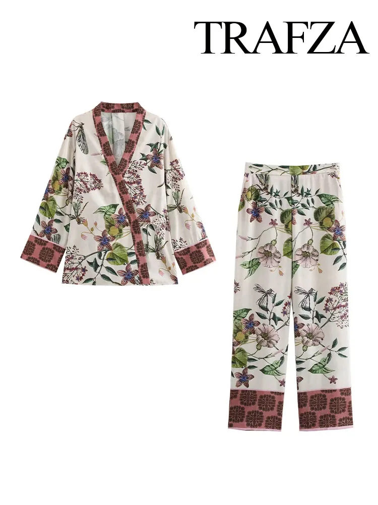 Trafza Vrouwen 2 Delige Set Elegante Bedrukte Asymmetrische Riem V-Hals Lange Mouw Kimono Blouse + Rits Hoge Taille Casual Lange Broek