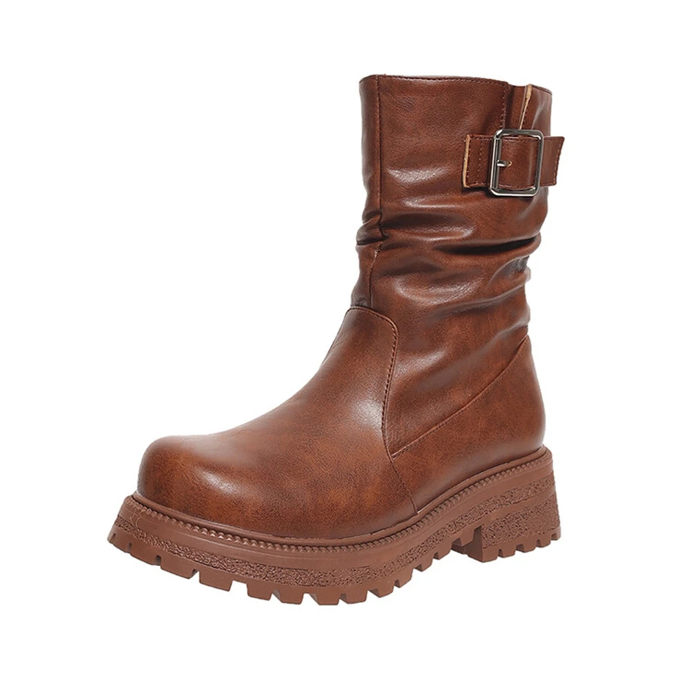 

Women Ankle Boots with Round Toe and Side Zipper Flanges Thick Soled Fashion Pleated Casual Chelsea Short Platform Boots 862-6