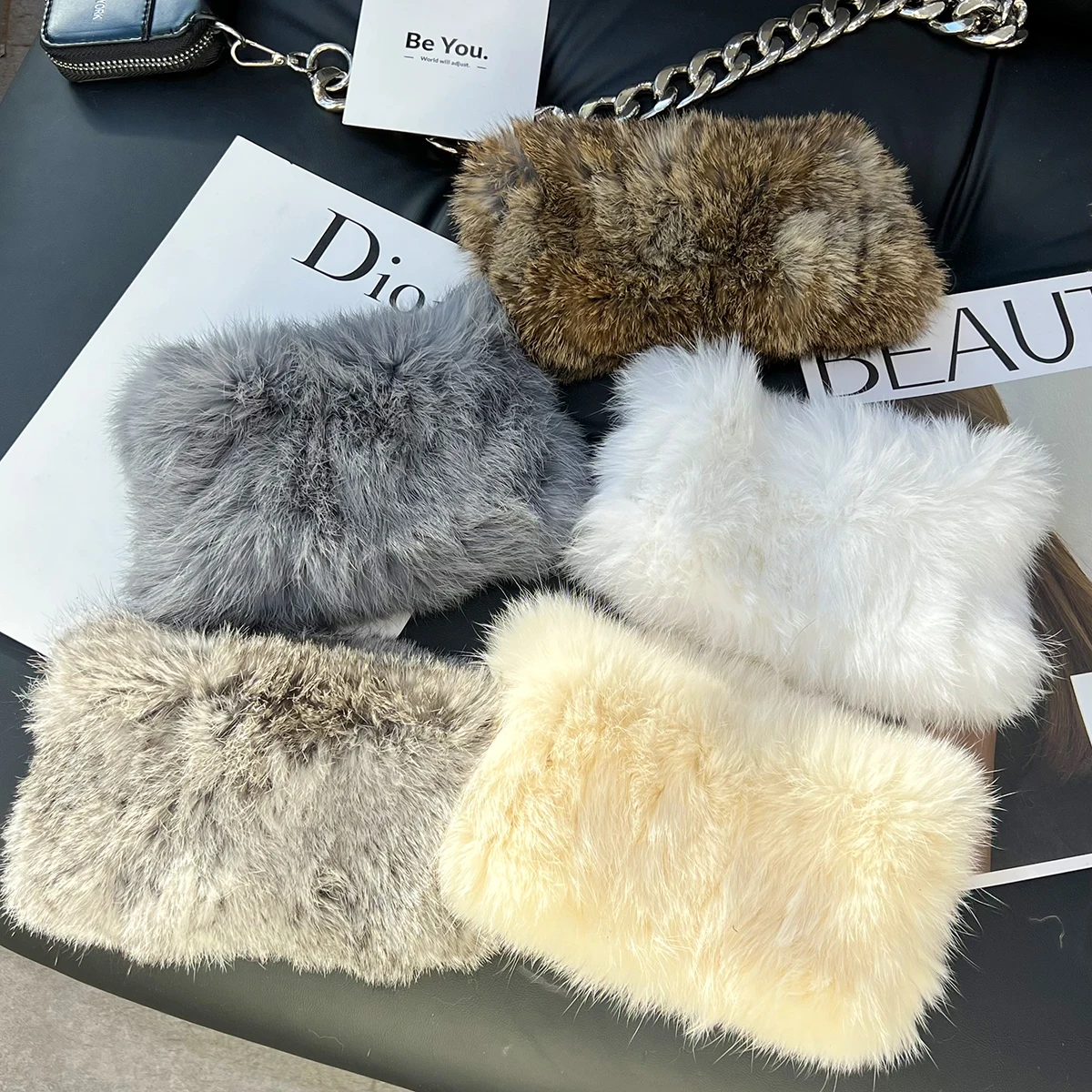 Winter Women Real Fur Scarf Handmade Stretch Knit Genuine Rabbit Fur Headbands Girls Natural Fur Ring Cowl Snood Scarves