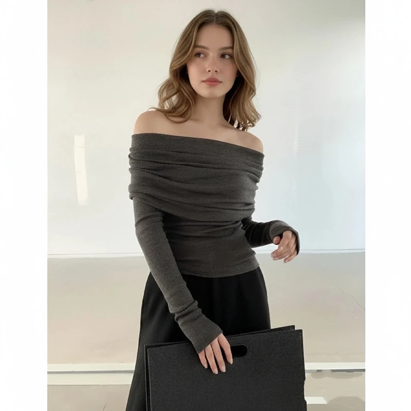

New Large Lapel One-word Shoulder Off-the-shoulder Long-sleeved Knitted Sweater Elegant Retro Casual Solid Color Pullovers